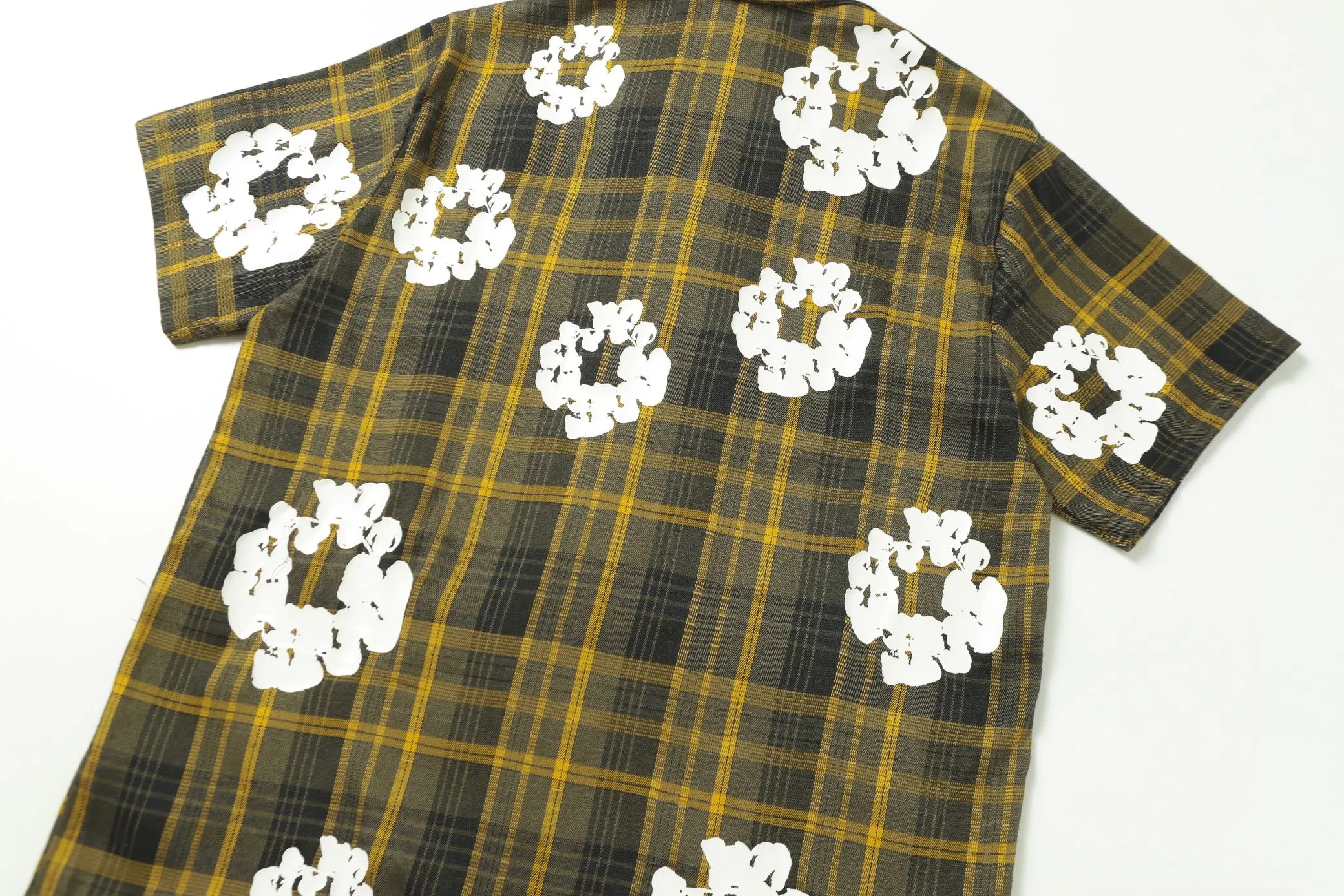 P116 388 DENIM TEARS Kapok European and American trendy brand high-quality plaid short-sleeved shirt set Color Red Gray Yellow Size S-XL